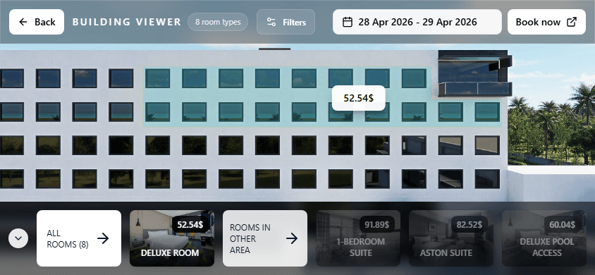 Hoteltwin backend room selection flow on mobile landscape